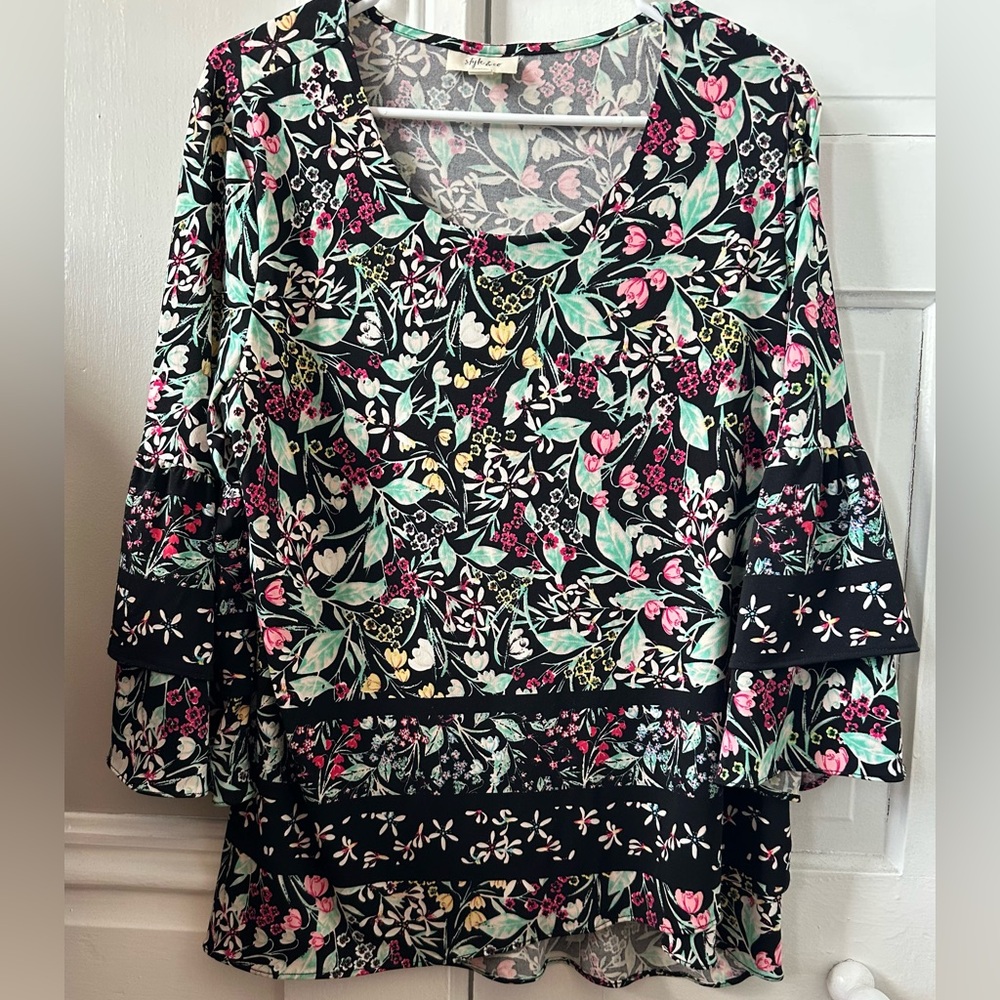 Style & Co. Black Floral Scoop Neck Blouse with Pink & Mint Accents